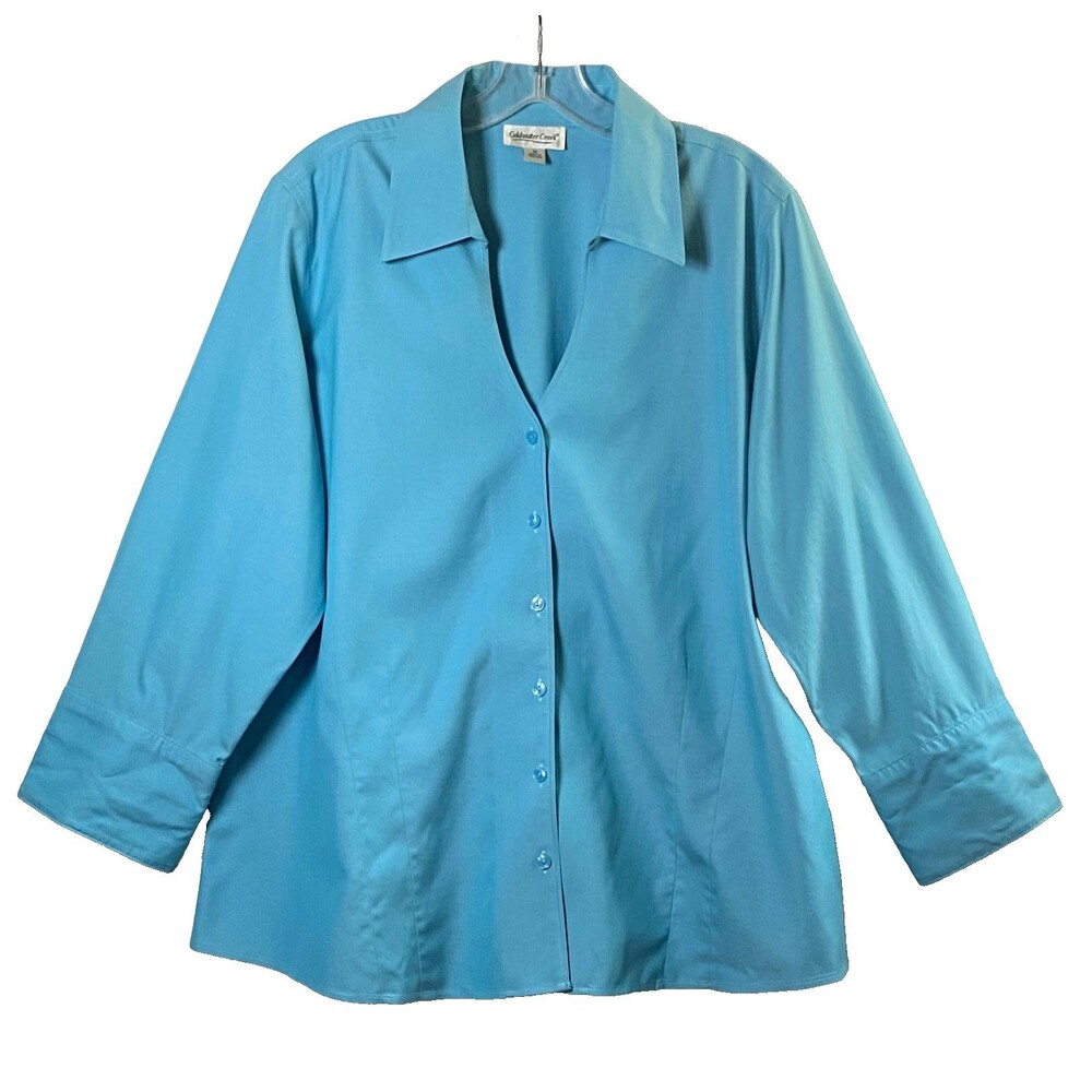 Coldwater Creek Button Down Shirt Womens Plus Size 1X Cyan Blue V Neck Read